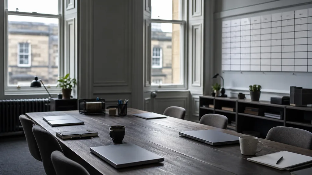 Editorial photograph of an empty modern marketing analytics studio in an Edinburgh New Town office with tall stone-framed windows, panelled walls and cool northern daylight, a widescreen monitor showing a blank dashboard and tag manager view, a keyboard and a mug on a wooden desk, no people and no signage