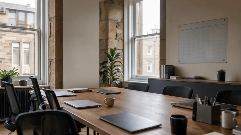 Editorial photograph of an empty modern marketing analytics studio in a Glasgow sandstone tenement office with deep window reveals and pale Scottish daylight, a widescreen monitor showing a blank dashboard and tag manager view, a keyboard and a mug on a wooden desk, no people and no signage