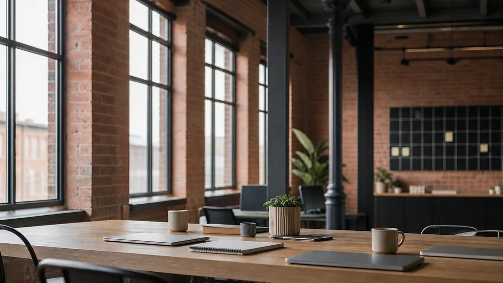 Editorial photograph of an empty modern marketing analytics studio in a Manchester red brick mill conversion with cast iron columns and tall factory windows in cool northern light, a widescreen monitor showing a blank dashboard and tag manager view, a keyboard and a mug on a wooden desk, no people and no signage