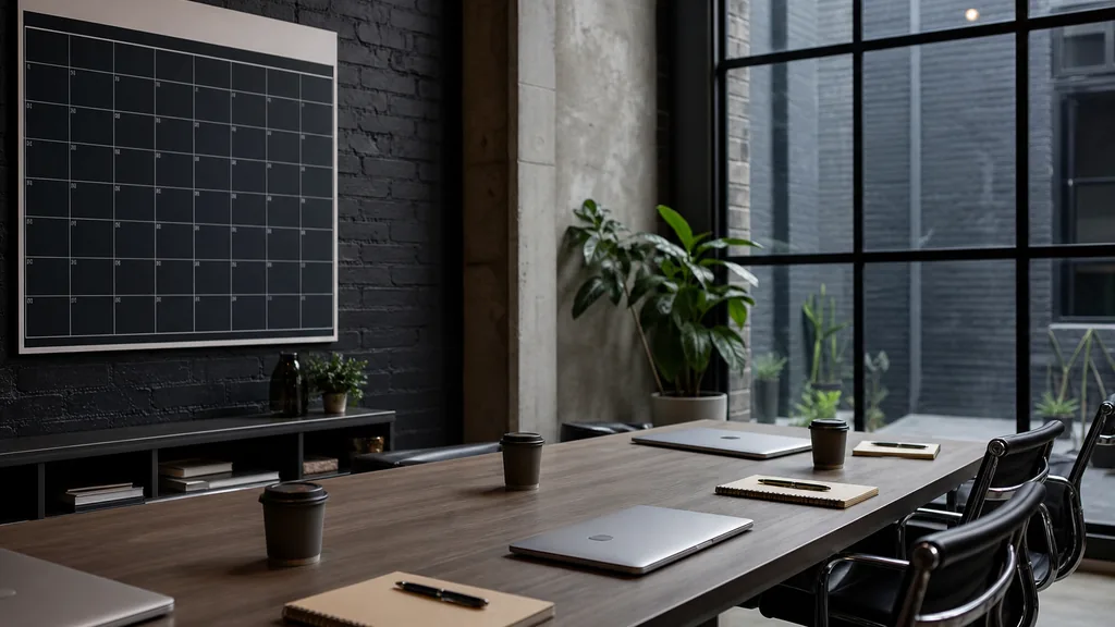 Editorial photograph of an empty modern marketing analytics studio in a Melbourne laneway studio with dark brick, industrial steel windows and cool overcast light, a widescreen monitor showing a blank dashboard and tag manager view, a keyboard and a mug on a wooden desk, no people and no signage