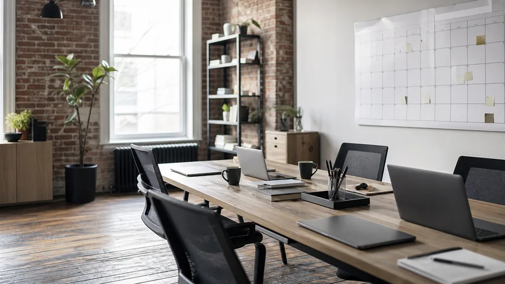 Editorial photograph of an empty modern marketing analytics studio in a Montreal Mile End loft with exposed brick, wooden floors and crisp bright winter light, a widescreen monitor showing a blank dashboard and tag manager view, a keyboard and a mug on a wooden desk, no people and no signage