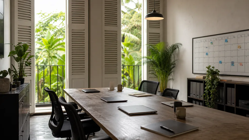 Editorial photograph of an empty modern marketing analytics studio in a Singapore shophouse office with tall shuttered windows, tropical greenery outside and humid bright light, a widescreen monitor showing a blank dashboard and tag manager view, a keyboard and a mug on a wooden desk, no people and no signage