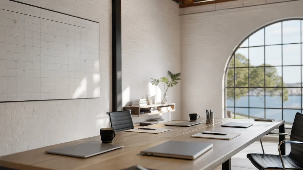 Editorial photograph of an empty modern marketing analytics studio in a Sydney warehouse conversion with white brick, timber beams and bright harbour daylight, a widescreen monitor showing a blank dashboard and tag manager view, a keyboard and a mug on a wooden desk, no people and no signage