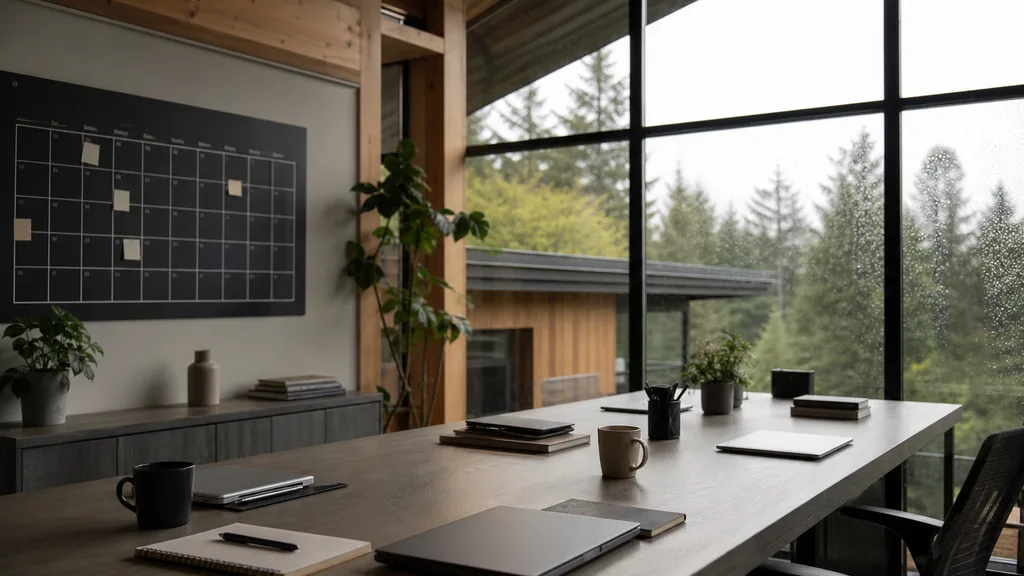 Editorial photograph of an empty modern marketing analytics studio in a Vancouver timber and glass studio with cedar detailing, rain-flecked windows and soft west coast light, a widescreen monitor showing a blank dashboard and tag manager view, a keyboard and a mug on a wooden desk, no people and no signage