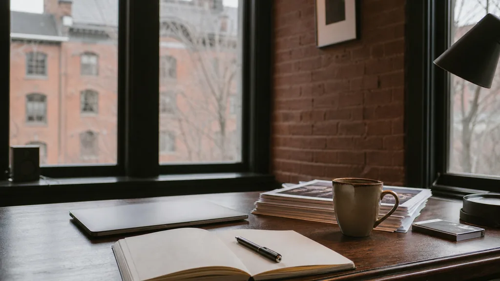 Editorial photograph of an empty writer's desk in a Byward Market brick office in Ottawa with an open notebook, a pen, a closed laptop and printed page proofs stacked beside a coffee cup, lit by pale winter daylight through a tall sash window