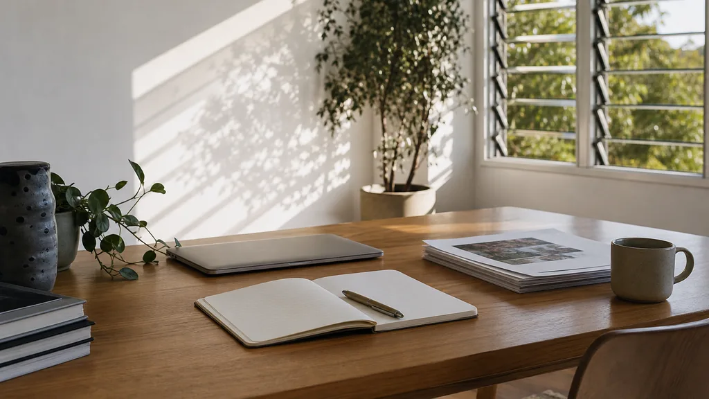 Editorial photograph of an empty writer's desk in a Perth studio with white walls and pale timber floors, an open notebook, a pen, a closed laptop and printed page proofs beside a coffee cup, lit by bright hard Western Australian sunlight through louvre windows