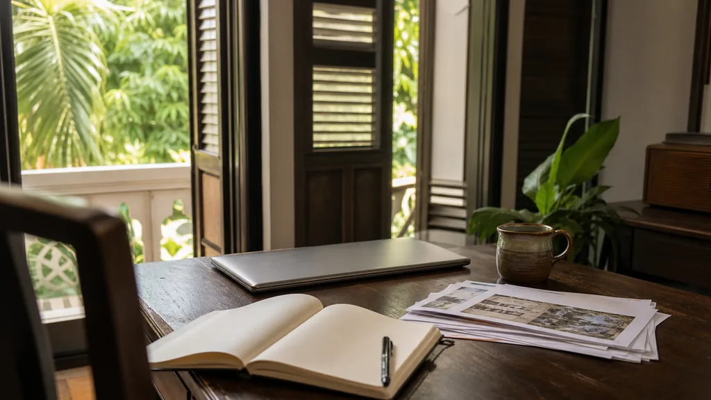 Editorial photograph of an empty writer's desk in a Singapore shophouse office with tall shuttered windows and tropical greenery outside, an open notebook, a pen, a closed laptop and printed page proofs beside a coffee cup in humid bright light