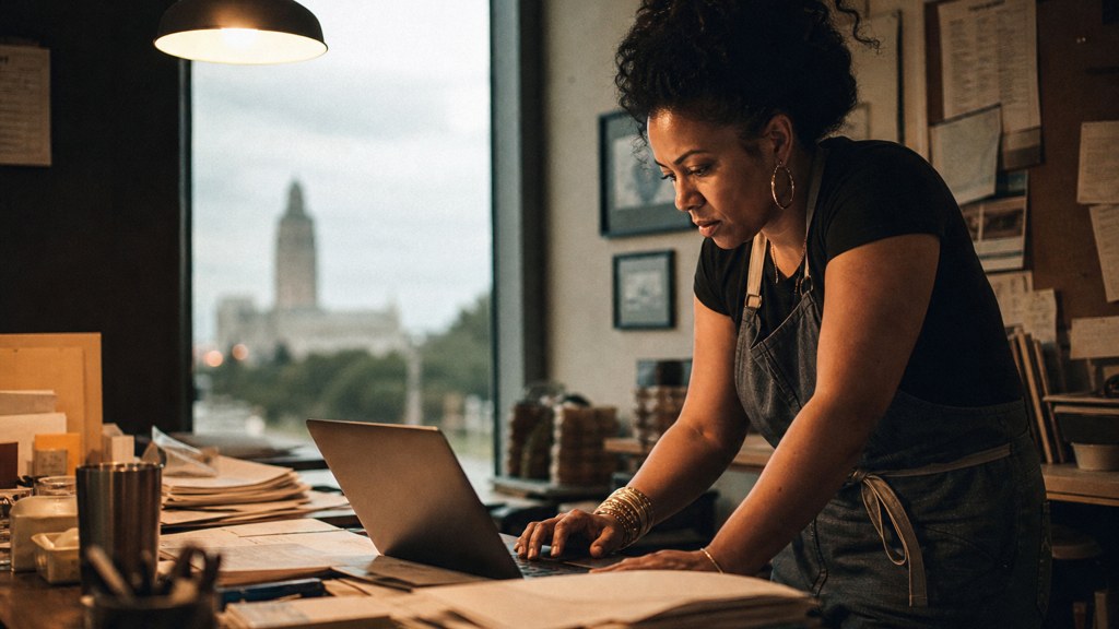 A small-business owner in an apron leaning over a laptop on a cluttered back-office desk late in the day, photographed in Baton Rouge
