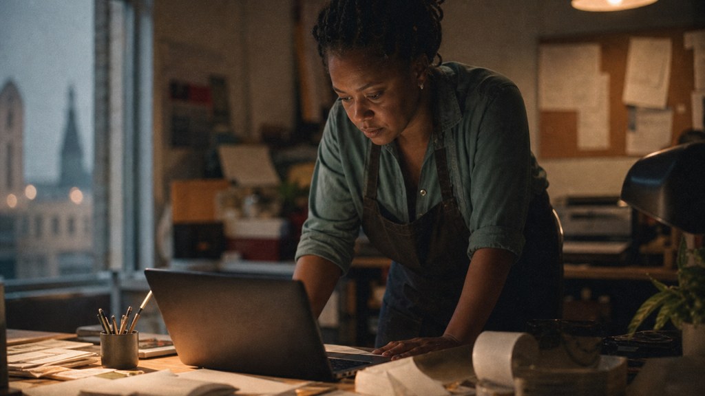 A small-business owner in an apron leaning over a laptop on a cluttered back-office desk late in the day, photographed in Baton Rouge