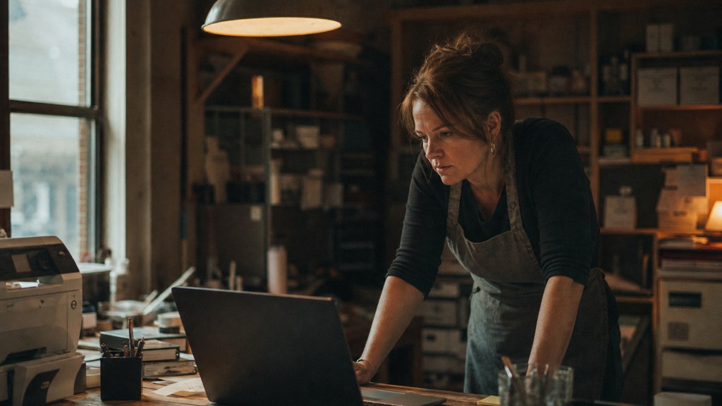 A small-business owner in an apron leaning over a laptop on a cluttered back-office desk late in the day, photographed in Baton Rouge