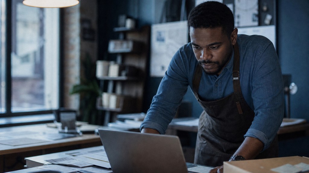 A small-business owner in an apron leaning over a laptop on a cluttered back-office desk late in the day, photographed in Baton Rouge