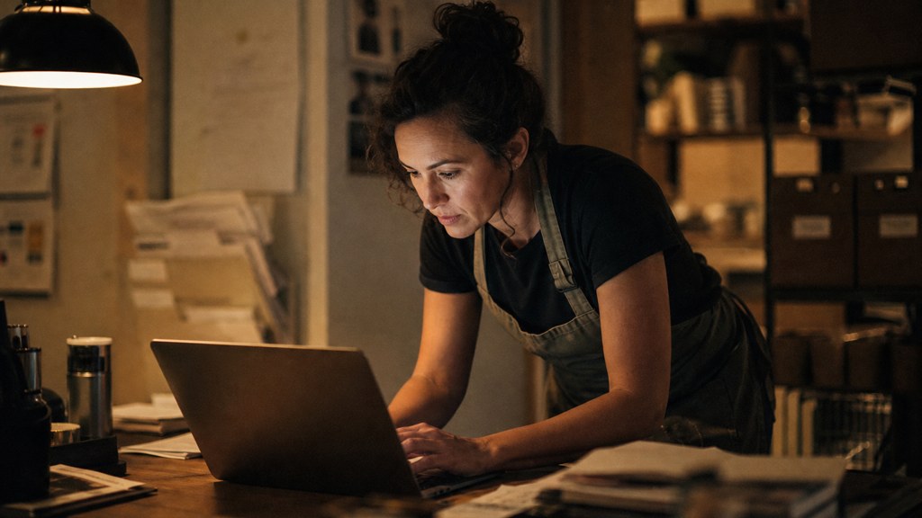 A small-business owner in an apron leaning over a laptop on a cluttered back-office desk late in the day, photographed in Baton Rouge