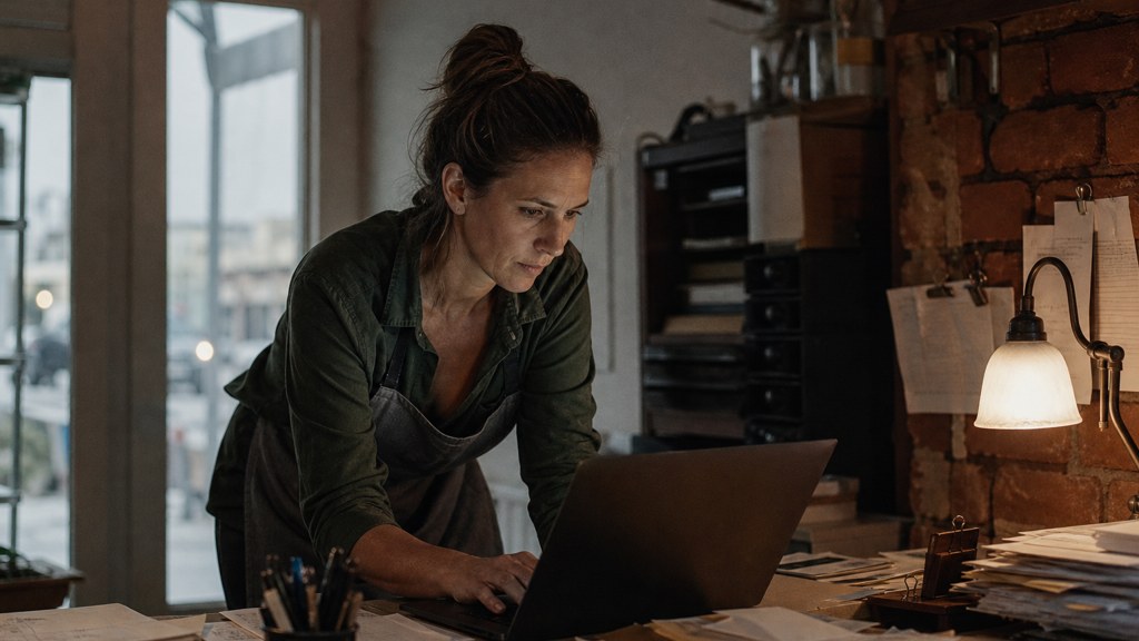 A small-business owner in an apron leaning over a laptop on a cluttered back-office desk late in the day, photographed in Baton Rouge