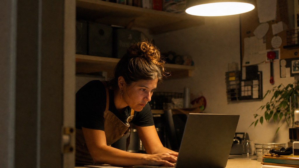 A small-business owner in an apron leaning over a laptop on a cluttered back-office desk late in the day, photographed in Baton Rouge