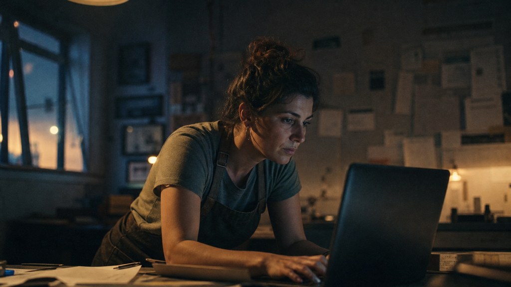 A small-business owner in an apron leaning over a laptop on a cluttered back-office desk late in the day, photographed in Baton Rouge