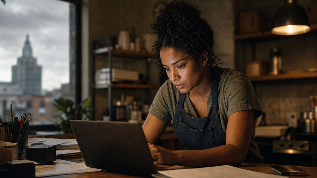 A small-business owner in an apron leaning over a laptop on a cluttered back-office desk late in the day, photographed in Baton Rouge