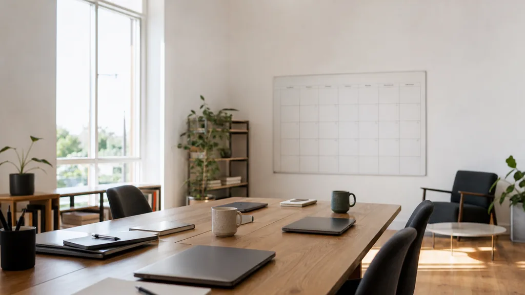 Editorial photograph of an empty modern marketing analytics studio in an Adelaide studio with white gallery walls, warm timber floors and bright dry southern light, a widescreen monitor showing a blank dashboard and tag manager view, a keyboard and a mug on a wooden desk, no people and no signage