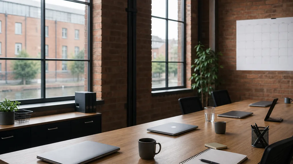Editorial photograph of an empty modern marketing analytics studio in a Birmingham canalside brick warehouse office with steel windows and flat Midlands daylight, a widescreen monitor showing a blank dashboard and tag manager view, a keyboard and a mug on a wooden desk, no people and no signage