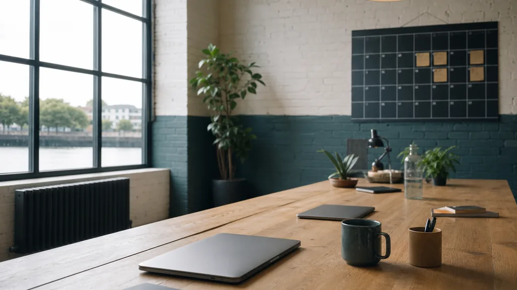 Editorial photograph of an empty modern marketing analytics studio in a Bristol harbourside studio with painted brickwork, large industrial windows and soft west country light, a widescreen monitor showing a blank dashboard and tag manager view, a keyboard and a mug on a wooden desk, no people and no signage