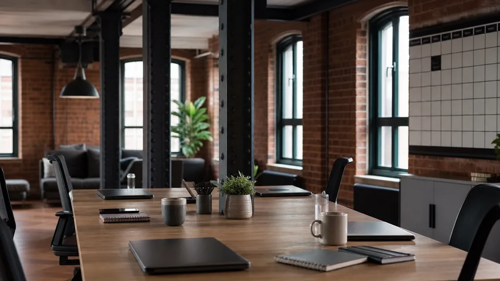 Editorial photograph of an empty modern marketing analytics studio in a Leeds red brick mill conversion with iron columns and cool northern daylight, a widescreen monitor showing a blank dashboard and tag manager view, a keyboard and a mug on a wooden desk, no people and no signage