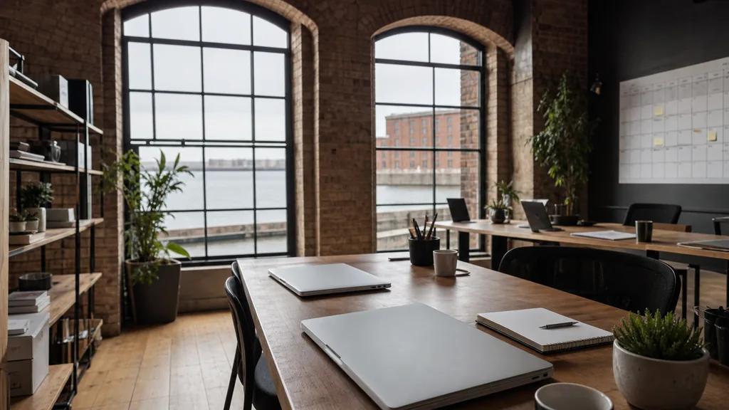 Editorial photograph of an empty modern marketing analytics studio in a Liverpool dockside warehouse office with arched brick windows and pale maritime light, a widescreen monitor showing a blank dashboard and tag manager view, a keyboard and a mug on a wooden desk, no people and no signage
