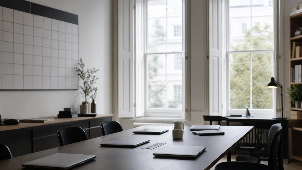 Editorial photograph of an empty modern marketing analytics studio in a London converted townhouse office with tall sash windows, white shutters and cool grey daylight, a widescreen monitor showing a blank dashboard and tag manager view, a keyboard and a mug on a wooden desk, no people and no signage