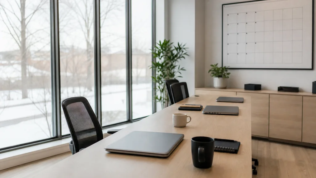 Editorial photograph of an empty modern marketing analytics studio in an Ottawa office with wide windows, pale wood floors and crisp bright winter light, a widescreen monitor showing a blank dashboard and tag manager view, a keyboard and a mug on a wooden desk, no people and no signage
