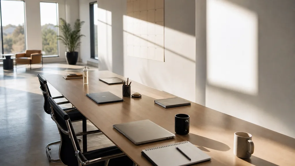 Editorial photograph of an empty modern marketing analytics studio in a Perth studio with white walls, concrete floors and very bright hard western sunlight, a widescreen monitor showing a blank dashboard and tag manager view, a keyboard and a mug on a wooden desk, no people and no signage