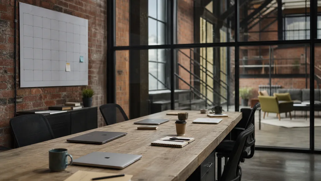 Editorial photograph of an empty modern marketing analytics studio in a Sheffield steelworks conversion with exposed brick, black steel frames and flat northern light, a widescreen monitor showing a blank dashboard and tag manager view, a keyboard and a mug on a wooden desk, no people and no signage