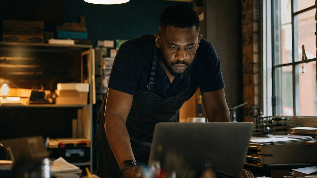 A small-business owner in an apron leaning over a laptop on a cluttered back-office desk late in the day, photographed in Baton Rouge