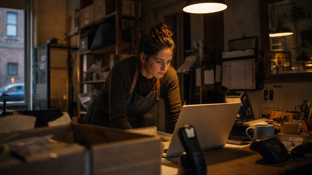 A small-business owner in an apron leaning over a laptop on a cluttered back-office desk late in the day, photographed in Belfast