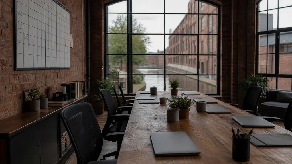 Editorial photograph of an empty modern email marketing studio in a Birmingham canalside brick warehouse office with steel windows and flat Midlands daylight, a widescreen monitor showing a blank campaign calendar and an automation flow builder, a keyboard and a mug on a wooden desk, no people and no signage