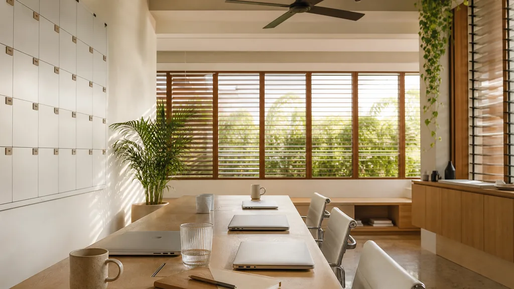Editorial photograph of an empty modern email marketing studio in a Brisbane subtropical office with timber louvres, ceiling fans and strong bright northern light, a widescreen monitor showing a blank campaign calendar and an automation flow builder, a keyboard and a mug on a wooden desk, no people and no signage