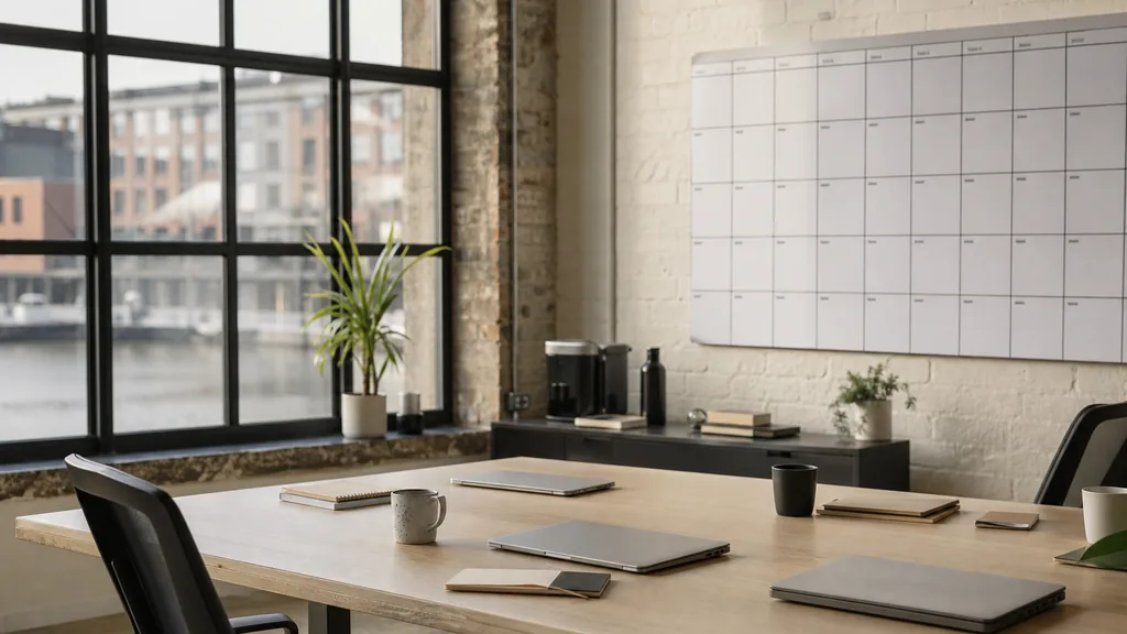 Editorial photograph of an empty modern email marketing studio in a Bristol harbourside studio with painted brickwork, large industrial windows and soft west country light, a widescreen monitor showing a blank campaign calendar and an automation flow builder, a keyboard and a mug on a wooden desk, no people and no signage