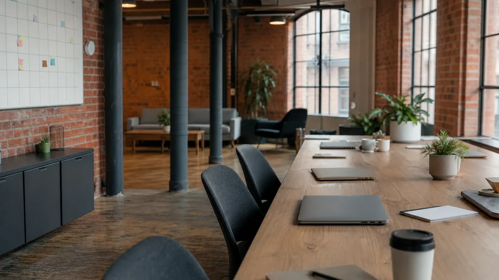 Editorial photograph of an empty modern email marketing studio in a Leeds red brick mill conversion with iron columns and cool northern daylight, a widescreen monitor showing a blank campaign calendar and an automation flow builder, a keyboard and a mug on a wooden desk, no people and no signage