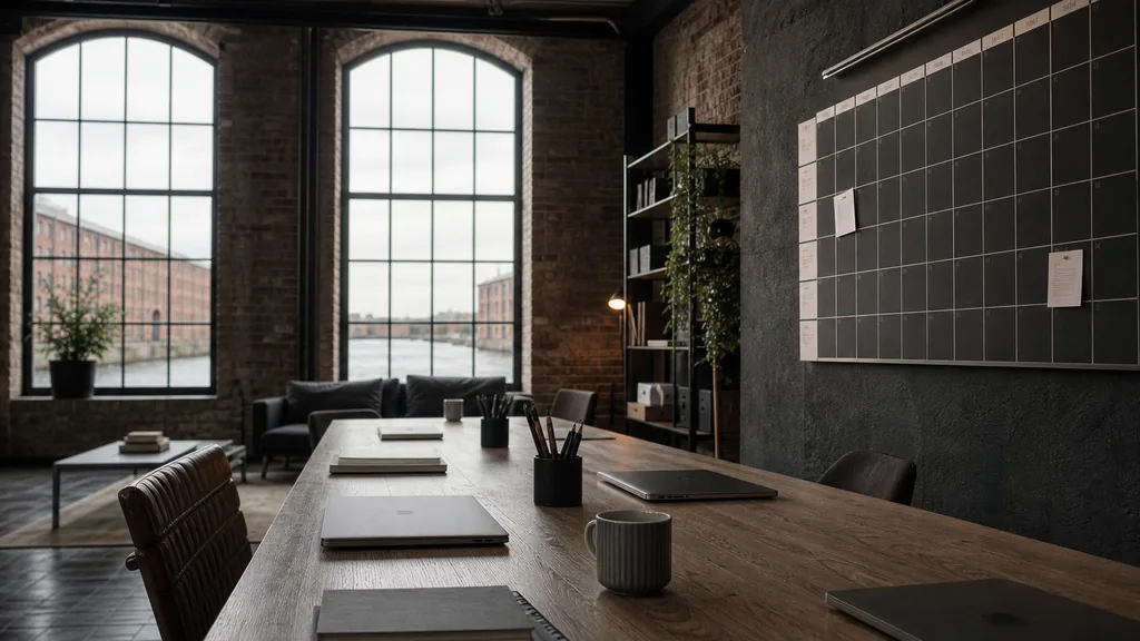 Editorial photograph of an empty modern email marketing studio in a Liverpool dockside warehouse office with arched brick windows and pale maritime light, a widescreen monitor showing a blank campaign calendar and an automation flow builder, a keyboard and a mug on a wooden desk, no people and no signage