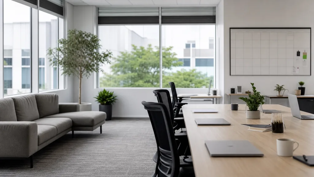 Editorial photograph of an empty modern email marketing studio in a Mississauga low-rise office suite with wide glazing, grey carpet and bright flat Ontario light, a widescreen monitor showing a blank campaign calendar and an automation flow builder, a keyboard and a mug on a wooden desk, no people and no signage