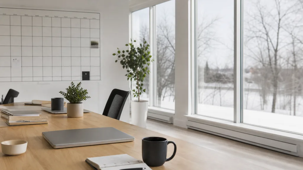 Editorial photograph of an empty modern email marketing studio in an Ottawa office with wide windows, pale wood floors and crisp bright winter light, a widescreen monitor showing a blank campaign calendar and an automation flow builder, a keyboard and a mug on a wooden desk, no people and no signage