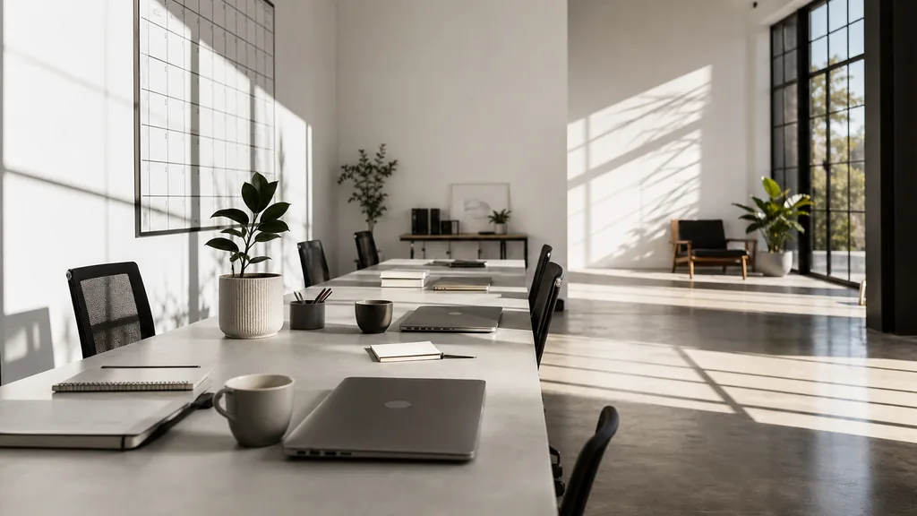 Editorial photograph of an empty modern email marketing studio in a Perth studio with white walls, concrete floors and very bright hard western sunlight, a widescreen monitor showing a blank campaign calendar and an automation flow builder, a keyboard and a mug on a wooden desk, no people and no signage
