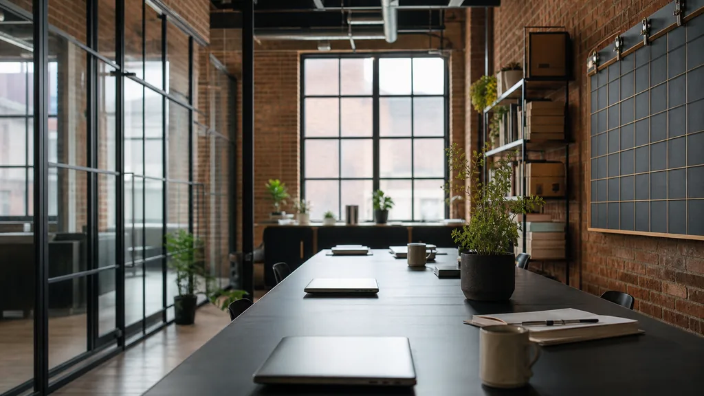 Editorial photograph of an empty modern email marketing studio in a Sheffield steelworks conversion with exposed brick, black steel frames and flat northern light, a widescreen monitor showing a blank campaign calendar and an automation flow builder, a keyboard and a mug on a wooden desk, no people and no signage