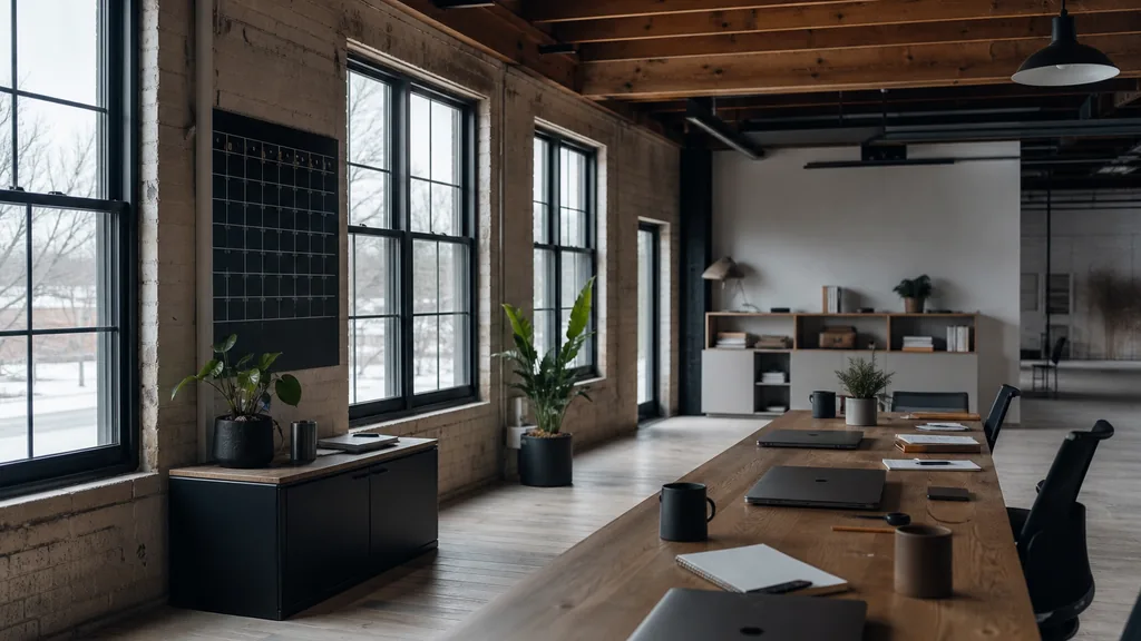 Editorial photograph of an empty modern email marketing studio in a Winnipeg prairie warehouse conversion with tall windows, timber beams and hard cold winter light, a widescreen monitor showing a blank campaign calendar and an automation flow builder, a keyboard and a mug on a wooden desk, no people and no signage