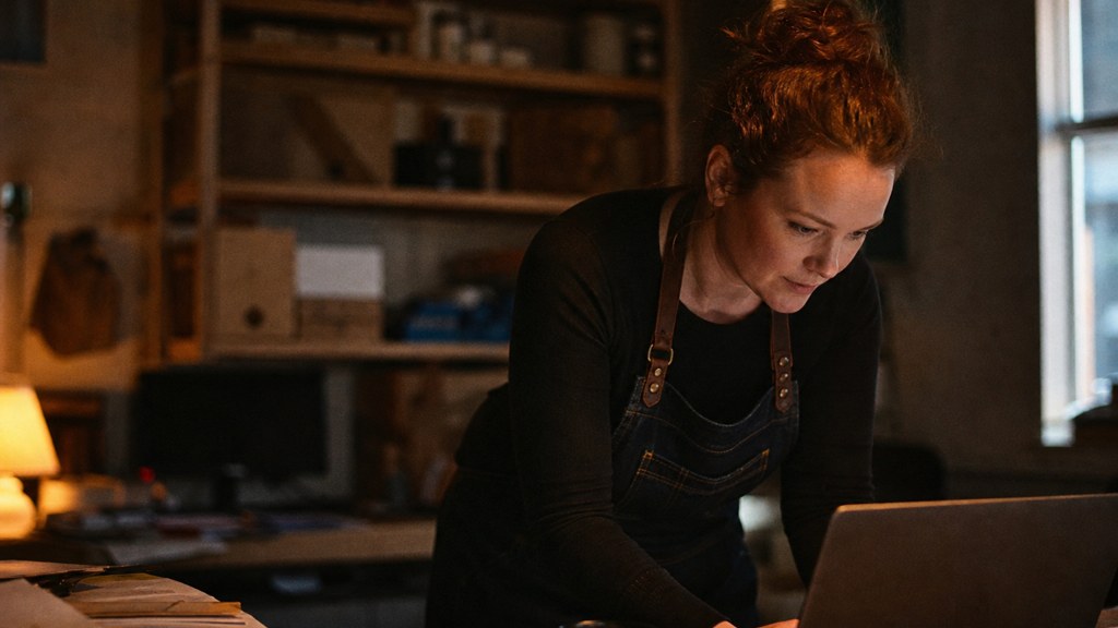 A small-business owner in an apron leaning over a laptop on a cluttered back-office desk late in the day, photographed in Belfast