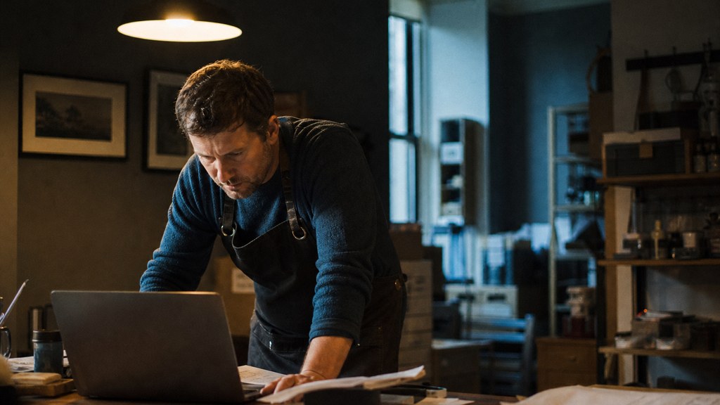 A small-business owner in an apron leaning over a laptop on a cluttered back-office desk late in the day, photographed in Belfast