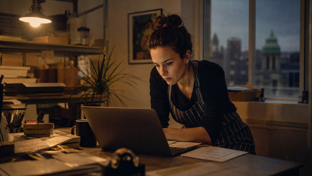 A small-business owner in an apron leaning over a laptop on a cluttered back-office desk late in the day, photographed in Belfast