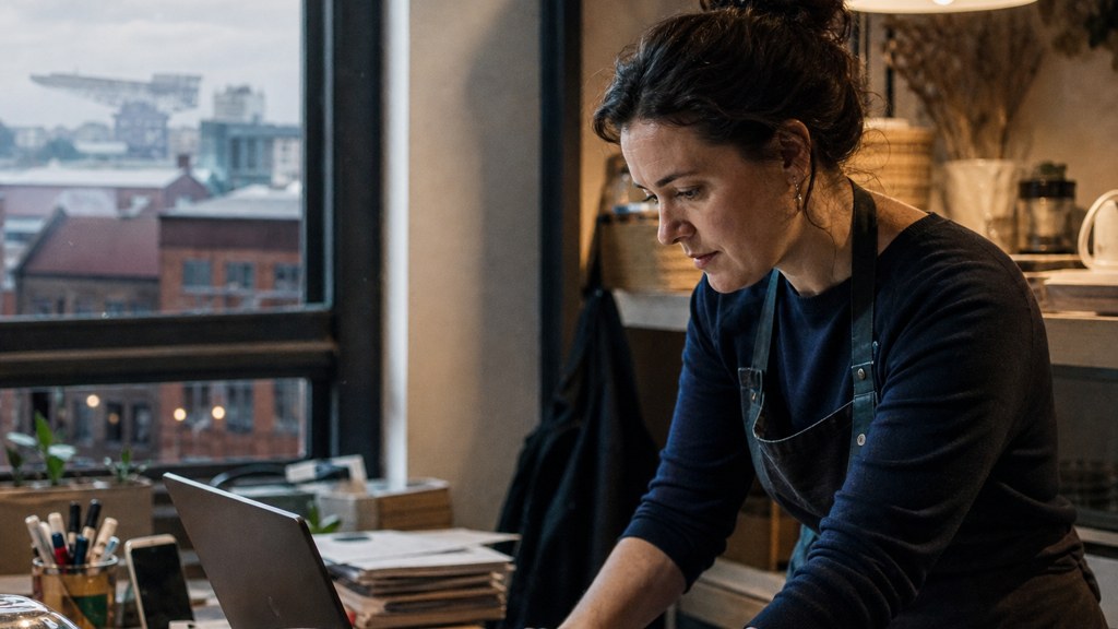 A small-business owner in an apron leaning over a laptop on a cluttered back-office desk late in the day, photographed in Belfast