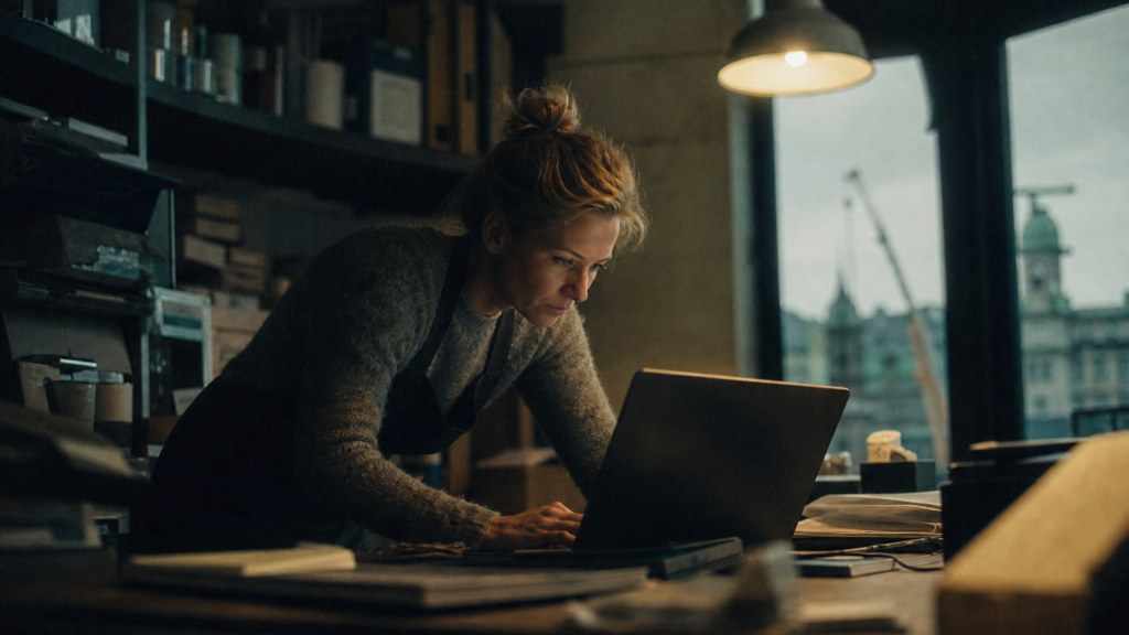 A small-business owner in an apron leaning over a laptop on a cluttered back-office desk late in the day, photographed in Belfast