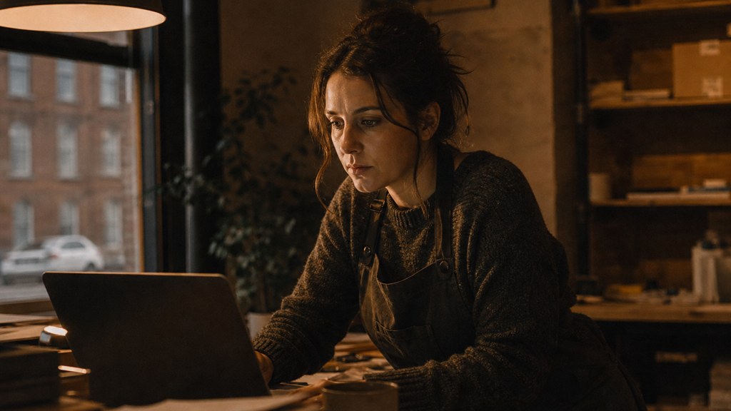 A small-business owner in an apron leaning over a laptop on a cluttered back-office desk late in the day, photographed in Belfast
