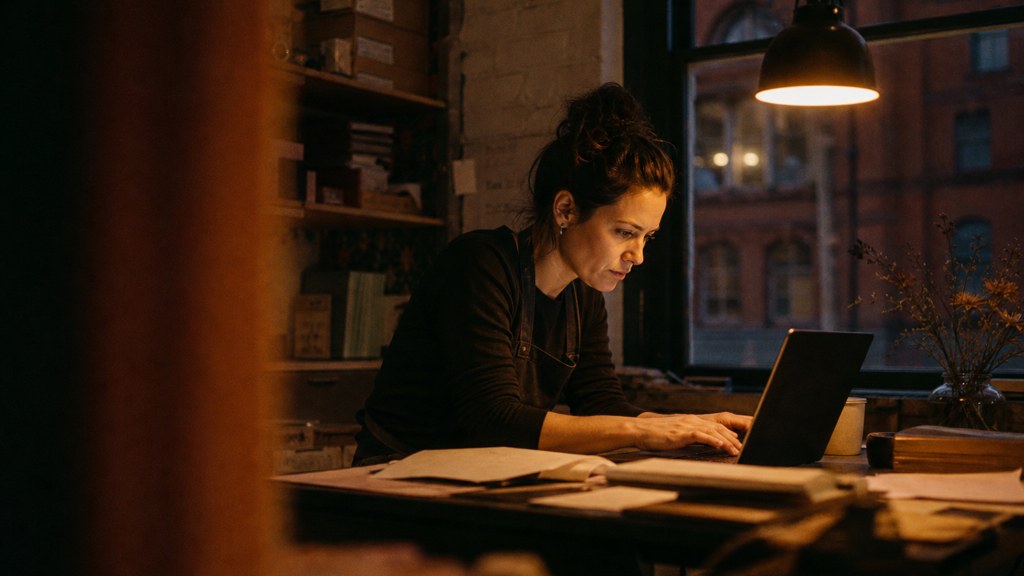 A small-business owner in an apron leaning over a laptop on a cluttered back-office desk late in the day, photographed in Belfast