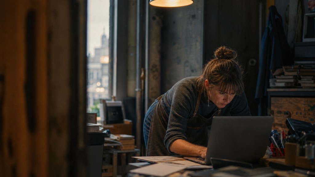 A small-business owner in an apron leaning over a laptop on a cluttered back-office desk late in the day, photographed in Belfast