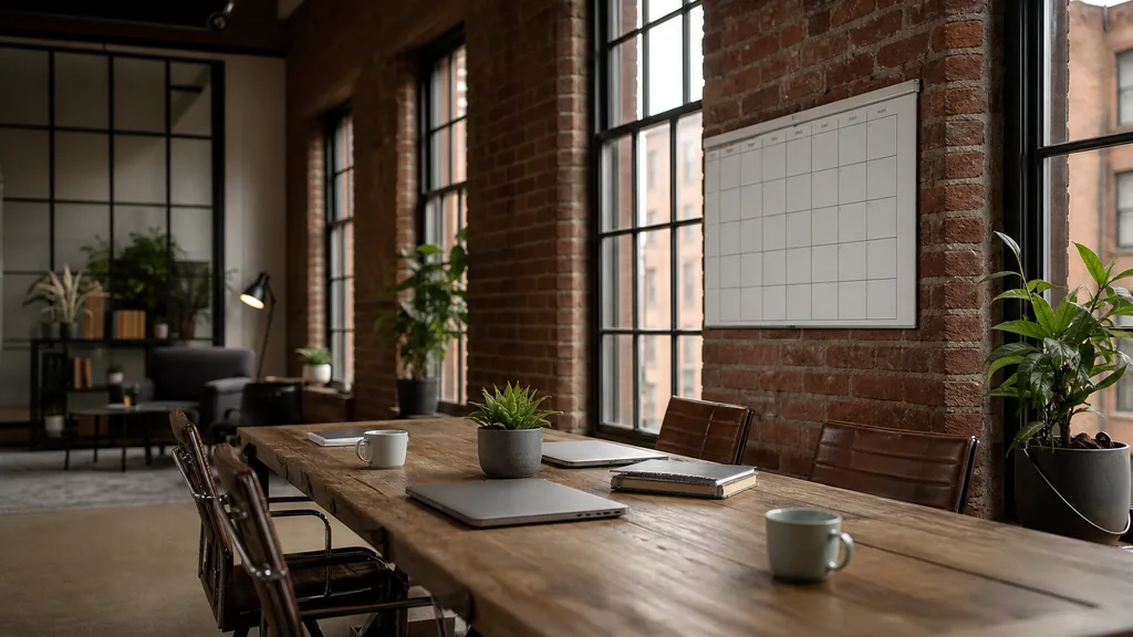Editorial photograph of an empty modern email marketing studio in a Belfast linen mill conversion with red brick, black steel window frames and soft grey Irish daylight, a widescreen monitor showing a blank campaign calendar and an automation flow builder, a keyboard and a mug on a wooden desk, no people and no signage